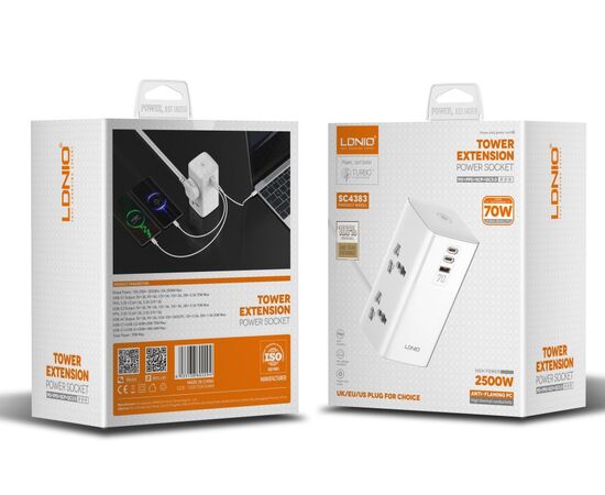  Сетевой удлинитель  LDNIO SC4383/ 2м/ 4 розетки/ 3 USB: QC 5.0+PD 3.0+PPS/ GAN 70W/ Белый 