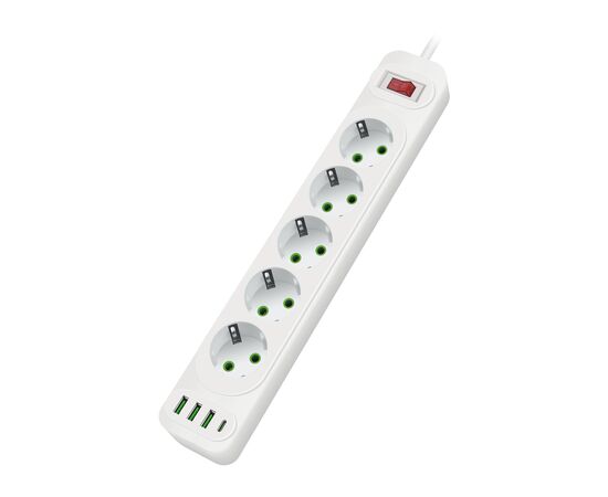  Amper сетевой удлинитель, 2,0м, 5 розеток, 10А, 2500 Вт, 3usb,1Type-C, белый. 
