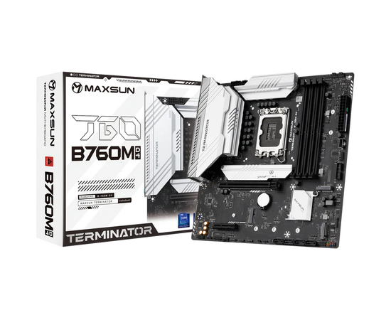  MB s1700 Maxsun MS-Terminator B760M D4 (6940709699386), 4*DDR4, 1*PCIEx16, 1*PCIEx4, 3*M.2, 1*TypeC, 4*USB3.2Gen1, 8*USB2.0, 4*SATA3.0, 2.5G, DP, HDMI, M-ATX, RTL 