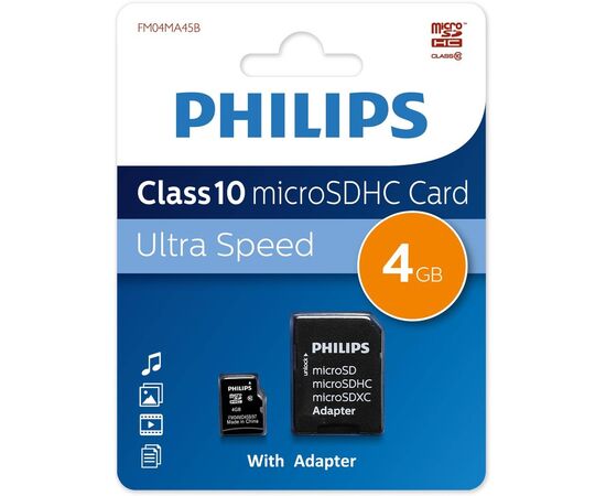  Карта памяти PHILIPS FM04MA45B/97 4GB microSDHC Class 10 (SD адаптер) 