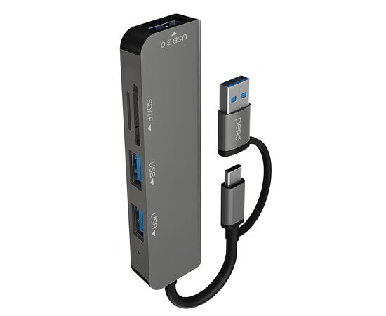  Мульти Хаб PERO MH05, USB-С/USB-A TO SD + TF + USB 3.0 + 2xUSB 2.0, серый 