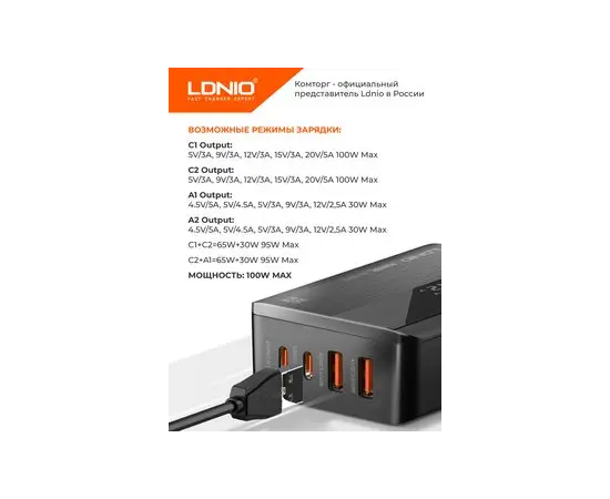  LDNIO A4809C/ Сетевое ЗУ GaN + LED дисплей/ PD+PPS+SCP+QC 4+/ 4 USB/ Выход: 3.3-20V, max 100W/ Black 