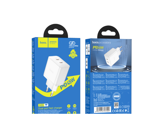  Зарядное устройство Hoco N35 streamer dual-port PD45W (2C) charger (EU) - White 