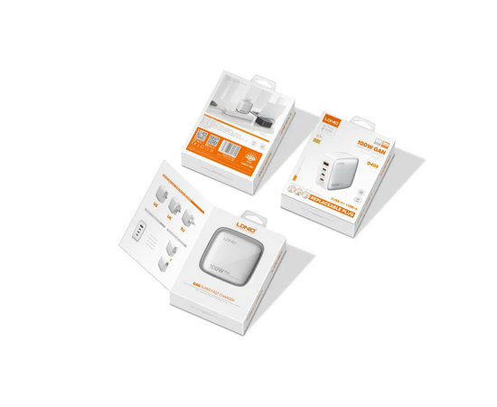  LDNIO Q408/ Сетевое ЗУ GaN + Кабель PD 100W/ PD+PPS+QC 4+/ 4 USB/  Выход: 3.3-20V, max 100W/ White 