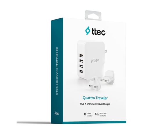  СЗУ TTEC 2SC02BUK Quattro Worldwide Travel Charger 5.1A/25W 4 USB-A Port EU/GB/USA White 
