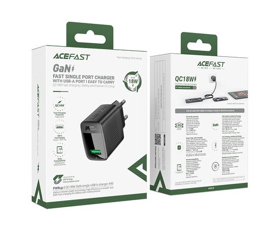  Сетевое зарядное устройство ACEFAST A90 QC18W GaN Single USB-A Charger (EU) Black 
